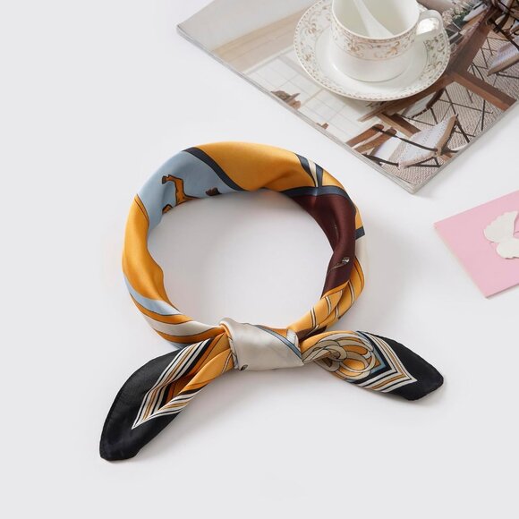 Women Orange Horse Headscarf Satin Bandana Pattern Polyester Breathable Scarves - Picture 2 of 7